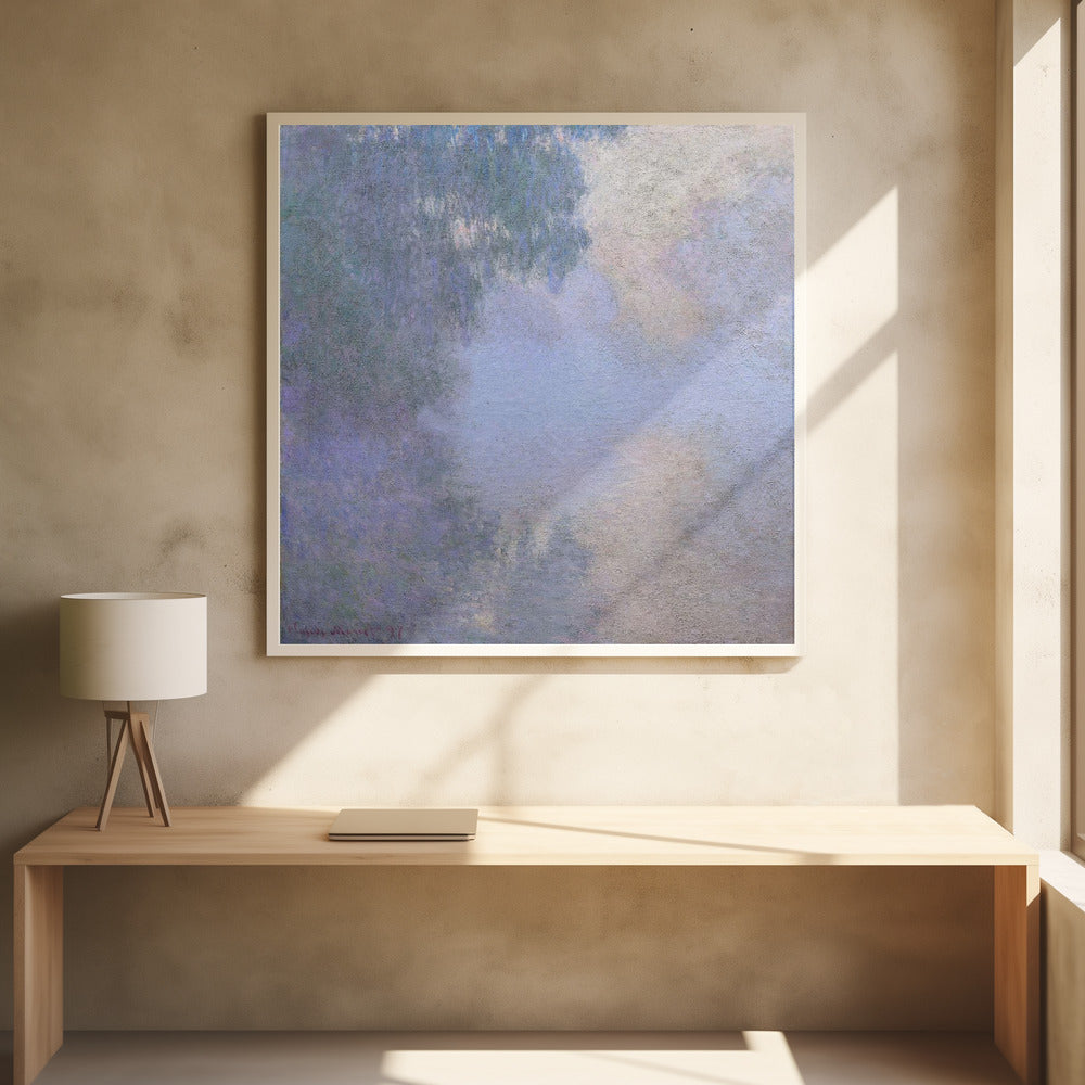 A square abstract painting in a light wood frame. The artwork has a rough texture and features a blend of muted colors, including shades of periwinkle blue, lavender, and grey, with a brighter, silvery-white area in the upper right, creating a cloudy, atmospheric effect. Poster