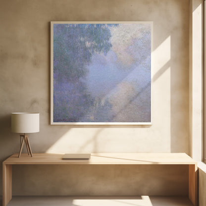 A square abstract painting in a light wood frame. The artwork has a rough texture and features a blend of muted colors, including shades of periwinkle blue, lavender, and grey, with a brighter, silvery-white area in the upper right, creating a cloudy, atmospheric effect. Poster