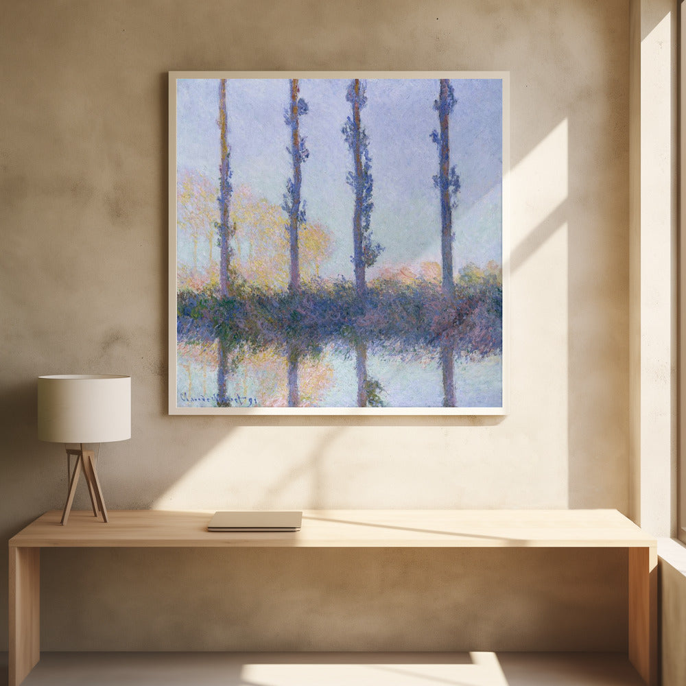 An Impressionist painting by Claude Monet from his 'Poplars' series, featuring a row of four tall, slender trees and their reflections in the water. The artwork uses a soft color palette of blues, purples, and pale yellows to create a hazy, serene atmosphere, and is presented in a light wood frame. Decor