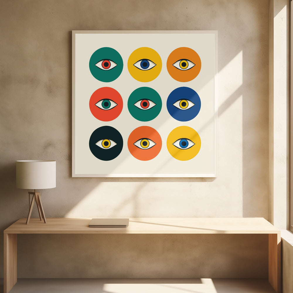 A framed modern art print featuring a 3x3 grid of nine colorful circles on an off-white background. Each circle, in shades of green, yellow, orange, red, and blue, contains a single stylized eye, creating a repeating pop art pattern. Wall Art