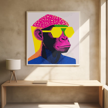 A pop art style portrait of a chimpanzee wearing a bright pink beret, large yellow hexagonal sunglasses, and a blue shirt. The artwork is characterized by bold, vibrant colors and a graphic, textured style, all set within a light wood frame. Poster