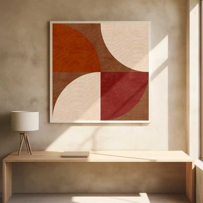 A framed abstract artwork featuring a four-quadrant design with curved geometric shapes. The colors are warm earth tones, including rust orange, deep red, brown, and cream, arranged to form interlocking semi-circles against a textured background. Decor