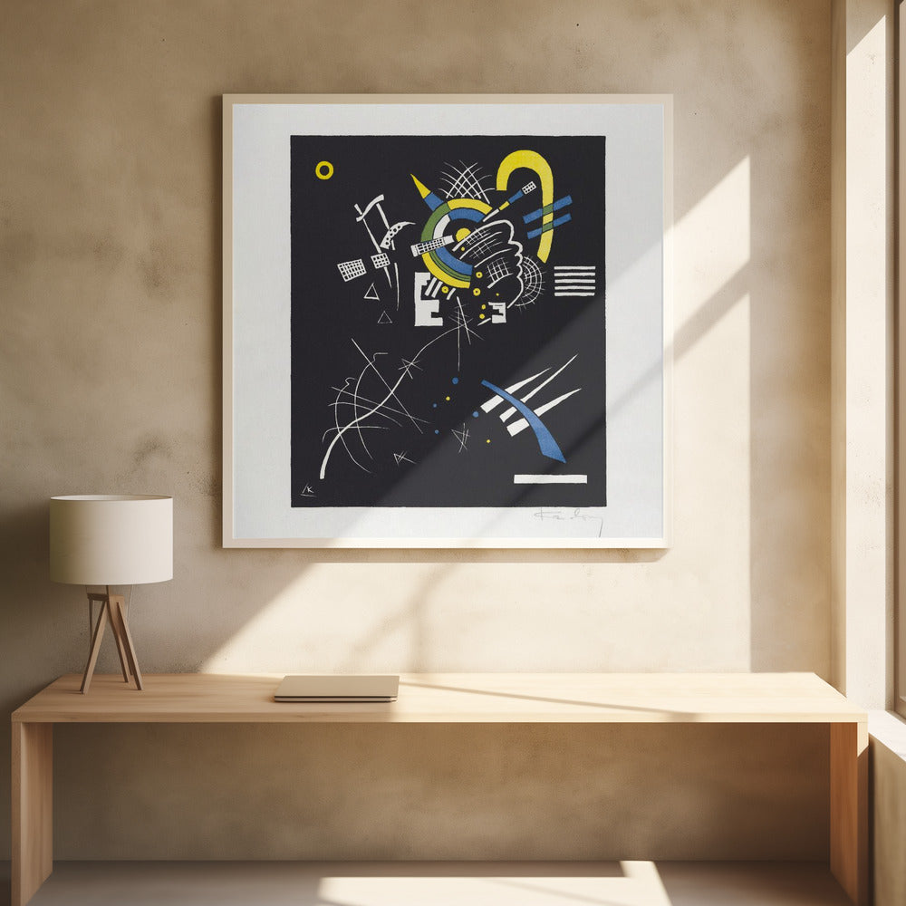 An abstract print by Wassily Kandinsky titled 'Small Worlds VI', featuring a dynamic composition of geometric and organic shapes in vibrant yellow, blue, and white against a stark black background. The artwork is presented within a light wood frame. Wall Art