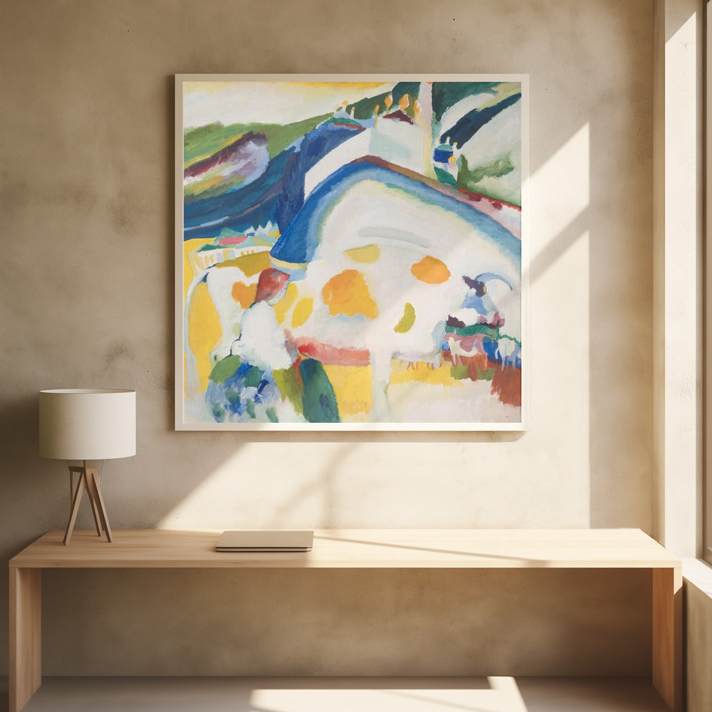 A framed abstract painting by Wassily Kandinsky, 'The Cow', depicting a large, stylized white and yellow cow in a vibrant landscape of blue and green hills, rendered in an expressionist style with bold colors. Print