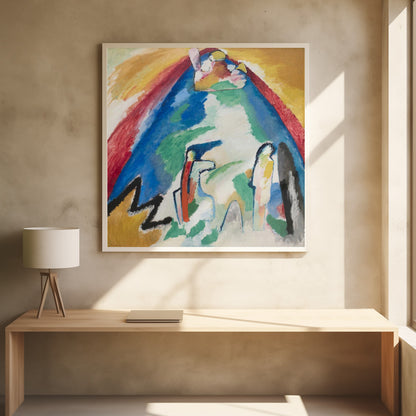 An abstract expressionist painting in a light wood frame. The artwork features a large, dominant blue mountain-like shape at its center, with an arch of red and yellow above it. In the foreground, there are stylized, abstract figures and a bold black zigzag line against a white and green background. Print