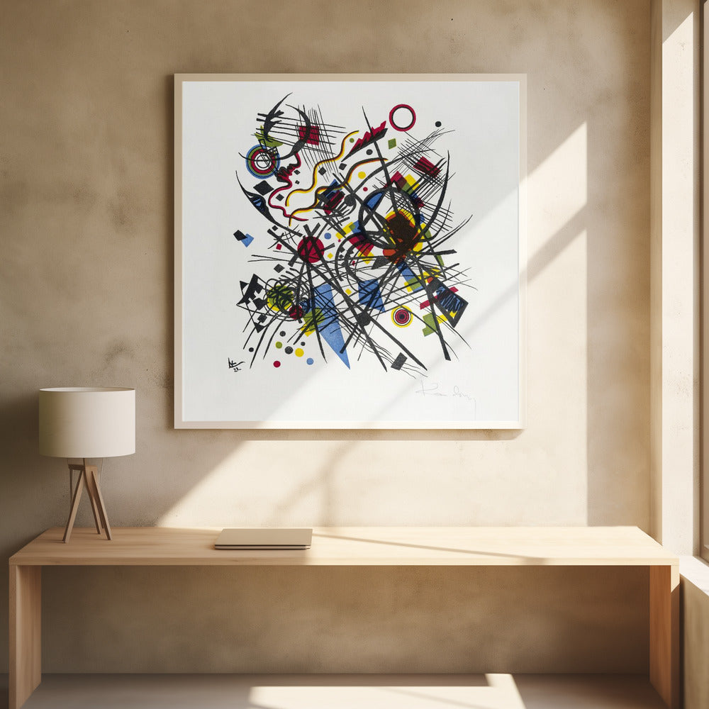A framed abstract print by Wassily Kandinsky featuring a dynamic and complex composition of black lines, grids, and curves. Interspersed are geometric shapes and dots in primary colors of red, yellow, and blue, all set against a stark white background. The piece is housed in a simple, light-colored wooden frame. Print