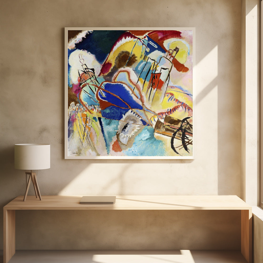 An abstract painting by Wassily Kandinsky titled 'Improvisation 31 (Sea Battle)' in a light wood frame. The composition is a chaotic explosion of vibrant colors, dominated by large areas of deep blue, bright yellow, and red. Dynamic black lines and abstract shapes swirl across the canvas, suggesting motion and energy. Print