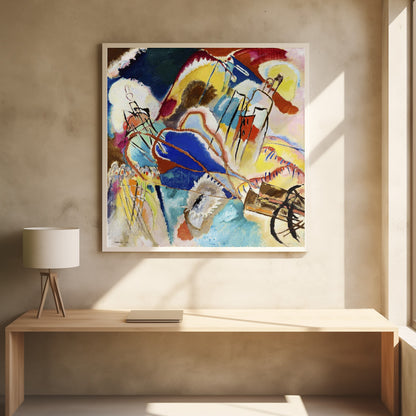 An abstract painting by Wassily Kandinsky titled 'Improvisation 31 (Sea Battle)' in a light wood frame. The composition is a chaotic explosion of vibrant colors, dominated by large areas of deep blue, bright yellow, and red. Dynamic black lines and abstract shapes swirl across the canvas, suggesting motion and energy. Print