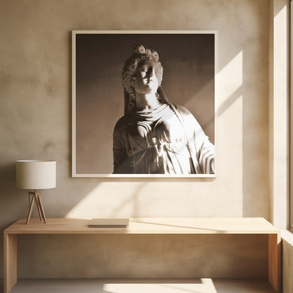 A framed, sepia-toned photograph of a classical marble bust of a woman. She looks upwards and to the side, illuminated by a strong light that casts dramatic shadows across her face and draped clothing. The photo is enclosed in a simple, light wood frame. Print
