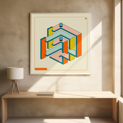 A framed artwork of an impossible geometric structure in a retro color palette. The maze-like object features orange, yellow, pink, and light blue surfaces with dark teal outlines, all on an off-white background. Two blue spheres rest on different levels of the structure. Wall Art