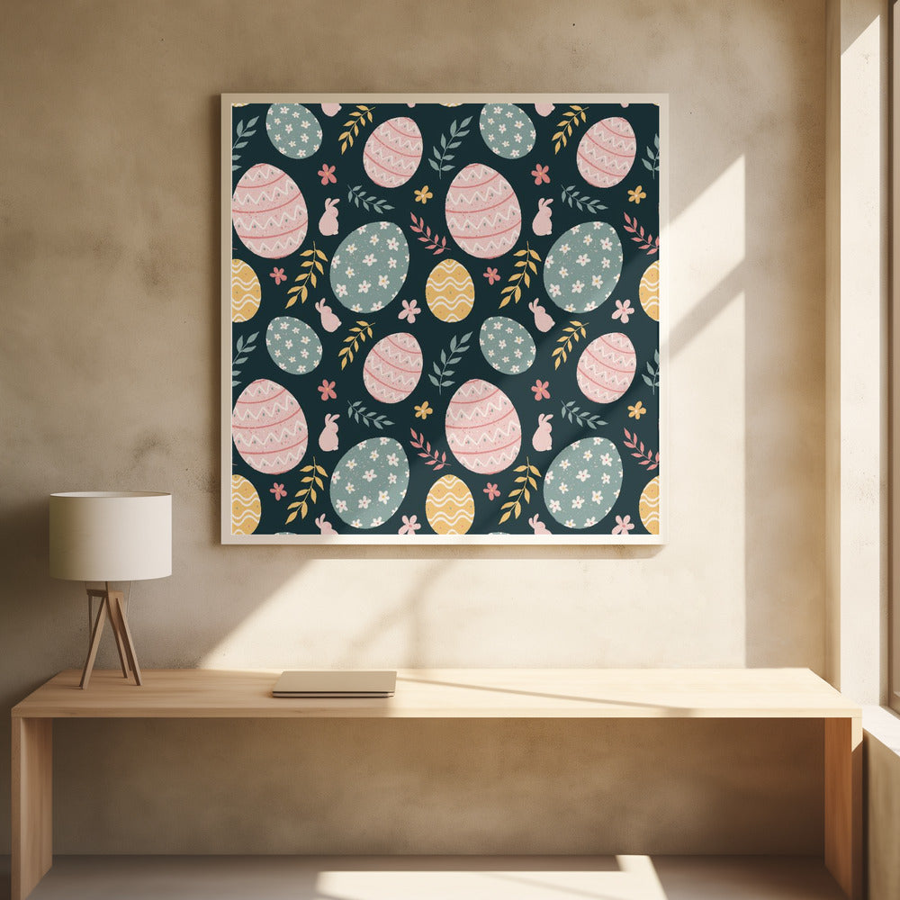 A framed piece of art with a repeating Easter pattern on a dark teal background. The pattern features decorated eggs in pink, light blue, and yellow, alongside small pink bunny silhouettes and colorful sprigs of leaves and flowers. Poster