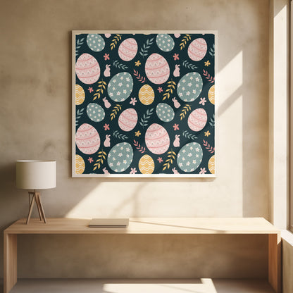 A framed piece of art with a repeating Easter pattern on a dark teal background. The pattern features decorated eggs in pink, light blue, and yellow, alongside small pink bunny silhouettes and colorful sprigs of leaves and flowers. Poster