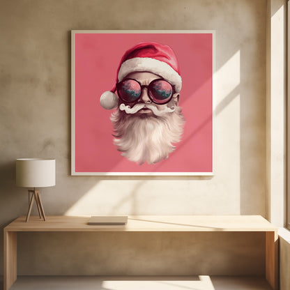 A modern, stylized portrait of Santa Claus against a solid pink background. He wears a classic red Santa hat and large, round sunglasses that reflect a colorful sky. His white mustache is perfectly curled, and he has a full white beard. Print