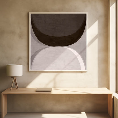 A square abstract artwork in a light wood frame, featuring two large, opposing curves. A dark brown arc dominates the top half, while a light gray and white arc fills the bottom half, creating a balanced, minimalist composition with a textured finish. Poster