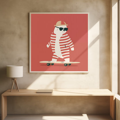 A framed illustration of a cool cartoon seal wearing a red and white striped swimsuit, a cap, and sunglasses while riding a skateboard against a solid red background. Poster
