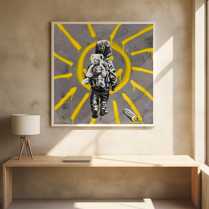 A framed street art-style painting with a grey background. A large, yellow, spray-painted sun with dripping rays dominates the scene. In the foreground, a small child in a dark hoodie and pants is depicted from behind in black and white, carrying a fluffy teddy bear on their back. A discarded spray paint can lies on the ground in the bottom right corner. Poster