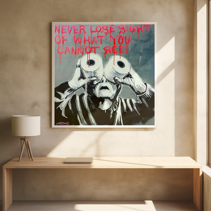 A framed modern art painting depicting a person in black and white holding two toilet paper rolls to their eyes like binoculars. Above them, the phrase 'NEVER LOSE SIGHT OF WHAT YOU CANNOT SEE' is written in dripping red paint against a gray background. Print