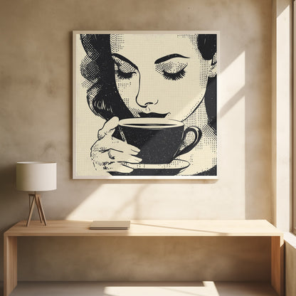 A pop art style illustration of a woman with dark hair and long eyelashes, her eyes closed as she holds a black coffee cup and saucer. The image uses a halftone dot pattern common in retro comics, set against a cream-colored background and framed in light wood. Print