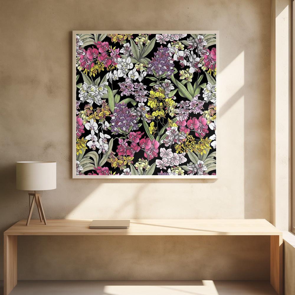 A vibrant, hand-drawn floral pattern of colorful orchids in pink, purple, yellow, and white. The dense botanical illustration, with its lush green leaves, is set against a stark black background, all enclosed within a light wood frame. Artwork