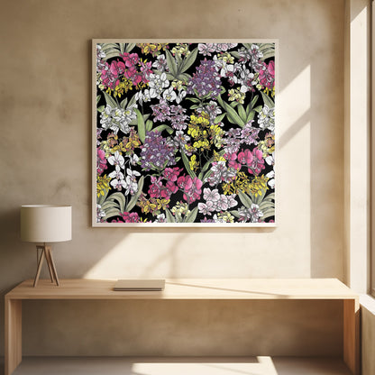 A vibrant, hand-drawn floral pattern of colorful orchids in pink, purple, yellow, and white. The dense botanical illustration, with its lush green leaves, is set against a stark black background, all enclosed within a light wood frame. Artwork