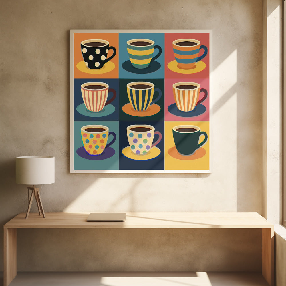 A framed pop art style illustration of nine coffee cups arranged in a 3x3 grid, each with a unique colorful pattern of stripes or polka dots against a different colored background square. Decor