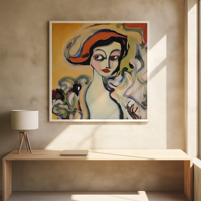 An abstract portrait painting of a woman with pale green skin, large dark eyes, and red lips, wearing a vibrant orange hat. The background is a warm yellow, and she is surrounded by swirling, expressive brushstrokes in shades of blue, green, and white. The painting is enclosed in a light-colored wooden frame. Wall Art