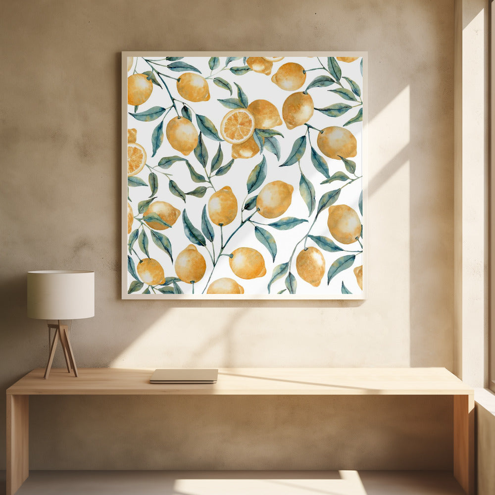 A framed watercolor painting featuring a repeating pattern of bright yellow lemons and blue-green leaves on delicate branches against a clean white background. Some of the lemons are sliced in half, showing their inner texture. Wall Art