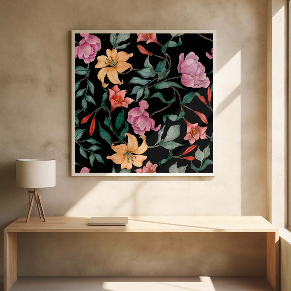A watercolor floral pattern featuring pink peonies, orange lilies, and green leaves intertwined on a dark black background, all framed by a light wood border. Poster