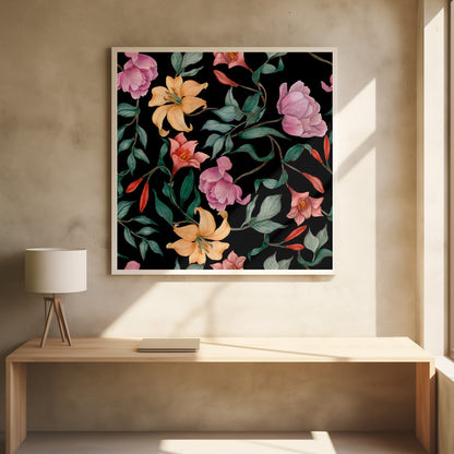 A watercolor floral pattern featuring pink peonies, orange lilies, and green leaves intertwined on a dark black background, all framed by a light wood border. Poster