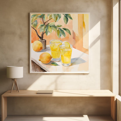 A watercolor painting in a light wood frame depicting a sunny still life. On a white table sit two glasses of yellow lemonade, garnished with lemon slices. Two whole lemons rest nearby, along with a small potted lemon tree with green leaves. The background is a warm, sunlit peach-colored wall. Poster