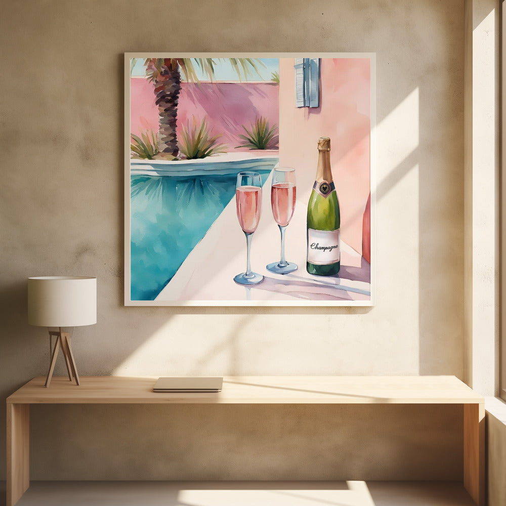 A watercolor illustration of a bottle of champagne and two glasses of rosé resting on the edge of a bright turquoise swimming pool. In the background, a pink wall is adorned with a palm tree, creating a sunny, luxurious vacation scene, all presented in a light wood frame. Artwork