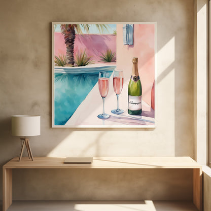 A watercolor illustration of a bottle of champagne and two glasses of rosé resting on the edge of a bright turquoise swimming pool. In the background, a pink wall is adorned with a palm tree, creating a sunny, luxurious vacation scene, all presented in a light wood frame. Artwork