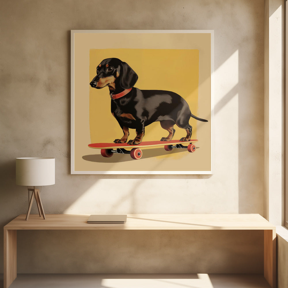 An illustration of a black and tan dachshund standing on a red skateboard against a mustard yellow background. The dog is in profile, wearing a red collar, and the artwork is shown in a light wood frame. Poster