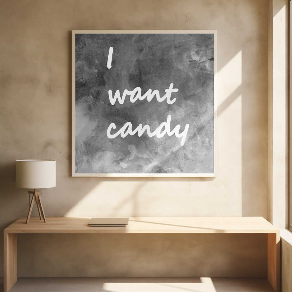 A framed typography art piece with a light brown wood frame. It features the phrase 'I want candy' in a white, handwritten script against a textured, dark gray and white chalkboard-style background. Wall Art