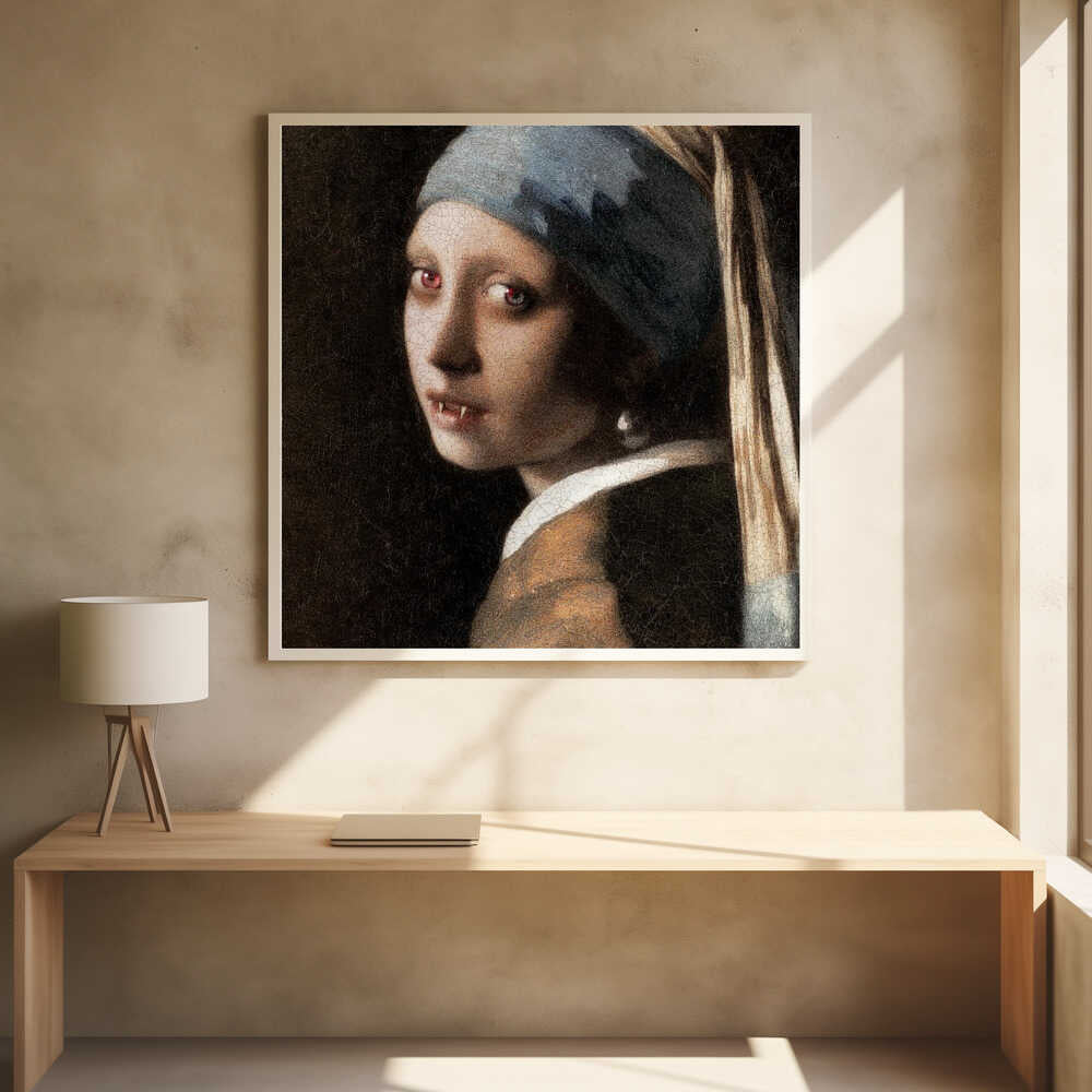 A framed oil painting parody of Vermeer's 'Girl with a Pearl Earring,' reimagined as a vampire. The girl has pale, cracked skin, glowing red eyes, and visible fangs as she gazes back over her shoulder. The classic blue and yellow turban and pearl earring contrast with the dark, gothic alteration. Wall Art