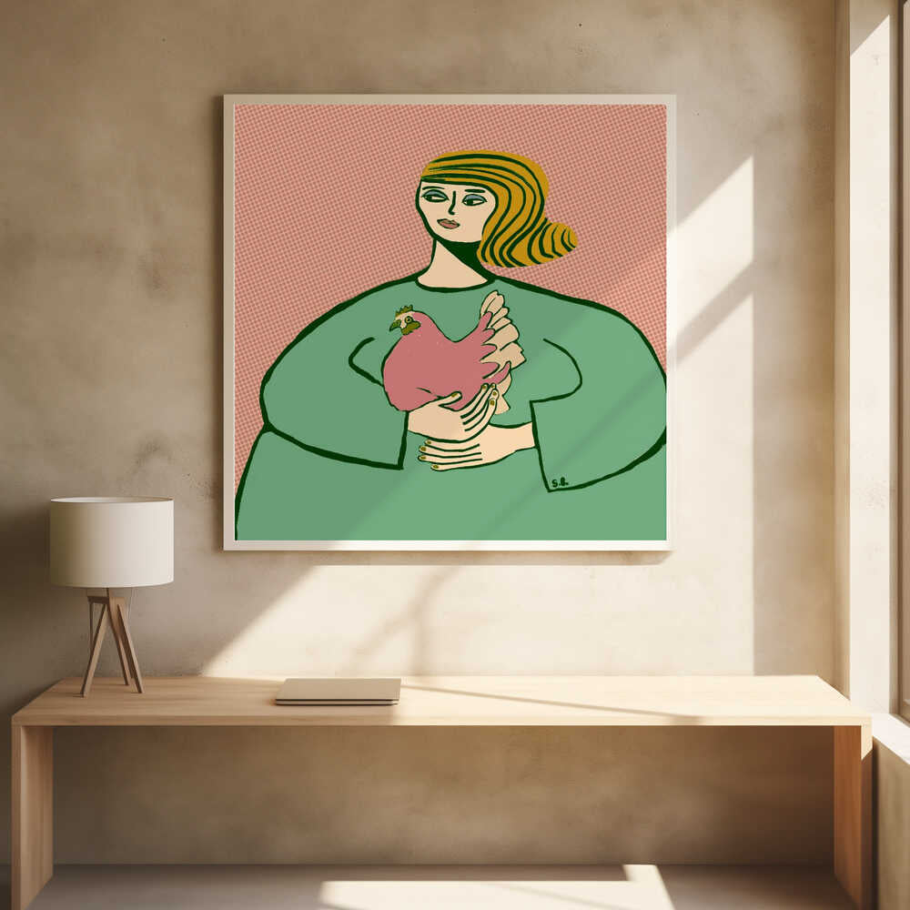 A stylized illustration of a woman with wavy, striped blonde hair wearing a loose green tunic. She is cradling a pink chicken in her arms against a muted pink, patterned background. The artwork is displayed in a light wood frame. Poster