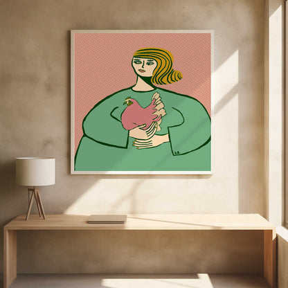 A stylized illustration of a woman with wavy, striped blonde hair wearing a loose green tunic. She is cradling a pink chicken in her arms against a muted pink, patterned background. The artwork is displayed in a light wood frame. Poster