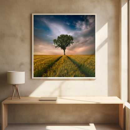 A solitary green tree stands proudly in the center of a golden wheat field. A path created by tire tracks leads directly to the tree. The sky above is a dramatic mix of dark, moody clouds and the warm glow of a sunset on the horizon. The photograph is enclosed in a simple, light-colored wood frame. Print