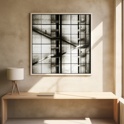A framed black and white photograph of a modern concrete building's interior, seen through a grid of window panes. The image captures multiple levels of staircases and walkways crisscrossing in a complex, geometric pattern. A shadowy, blurred figure of a person can be seen walking up a staircase on the upper left. Wall Art