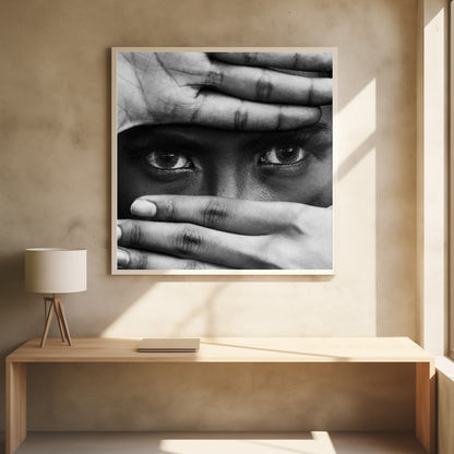 A powerful black and white close-up photograph of a person's face, framed in light wood. Their hands cover most of their face, one over the forehead and the other over the mouth, revealing only their intense, striking eyes that gaze directly forward. Print