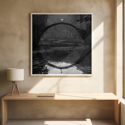 A framed black and white photograph of a ballerina in a white tutu standing at the peak of a semi-circular stone bridge. The bridge and the ballerina are perfectly reflected in the still water below, creating a full circle. The scene is set in a dark, misty forest, giving it a surreal and moody atmosphere. Artwork