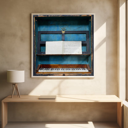A vintage keyboard instrument is displayed inside a rustic wooden box with a distressed blue interior. An open book of sheet music rests on a black stand above the white and black keys. The entire piece is set within a simple, light-colored wood frame. Decor