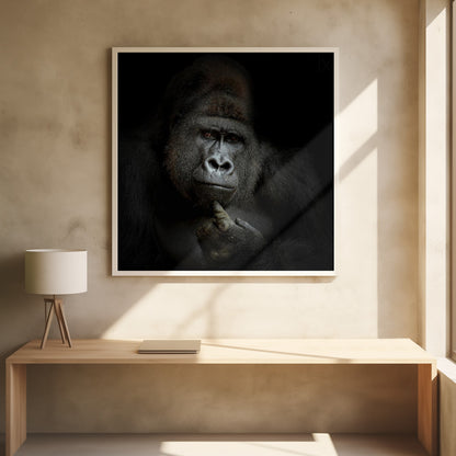 A dramatic, framed portrait of a gorilla against a black background. The gorilla looks directly at the viewer with a thoughtful expression, its chin resting on its hand. Decor