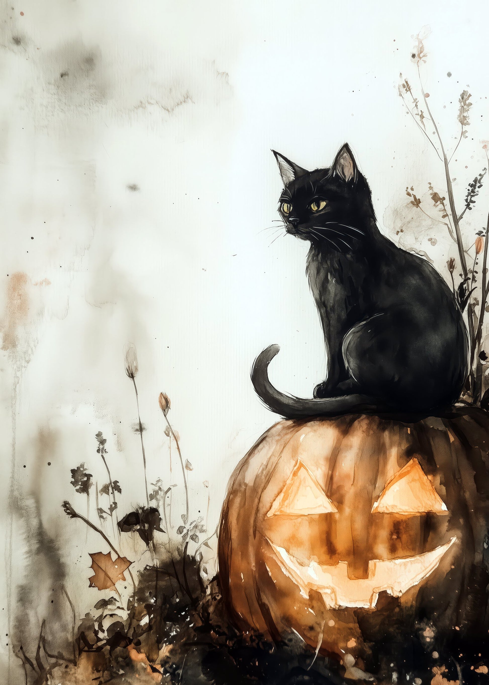 Balck Cat and Pumpkin Halloween Scene (2) - Poster / Art Print